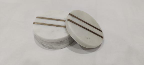 White Marble Coasters w Brass Insert