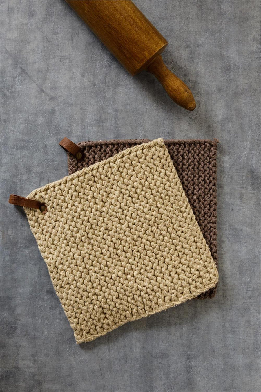 Knitted Pot Holder - Gray and Tan