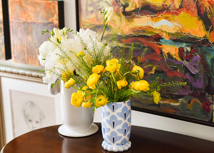Iris Blue Med Cylinder Vase w Knobbed Feet