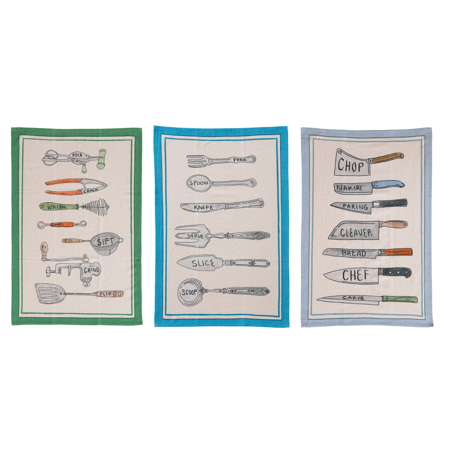 Cotton Chambray Printed Tea Towel w/ Kitchen Utensils/Tools, 3 Styles