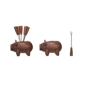 F+F Wood Pig w 6 Appetizer Forks