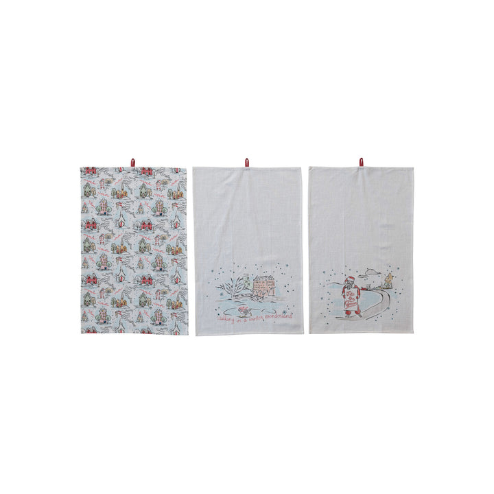 Cotton Printed Tea Towel w/ Holiday Scene/Pattern, Saying & Loop, 3 Styles ©