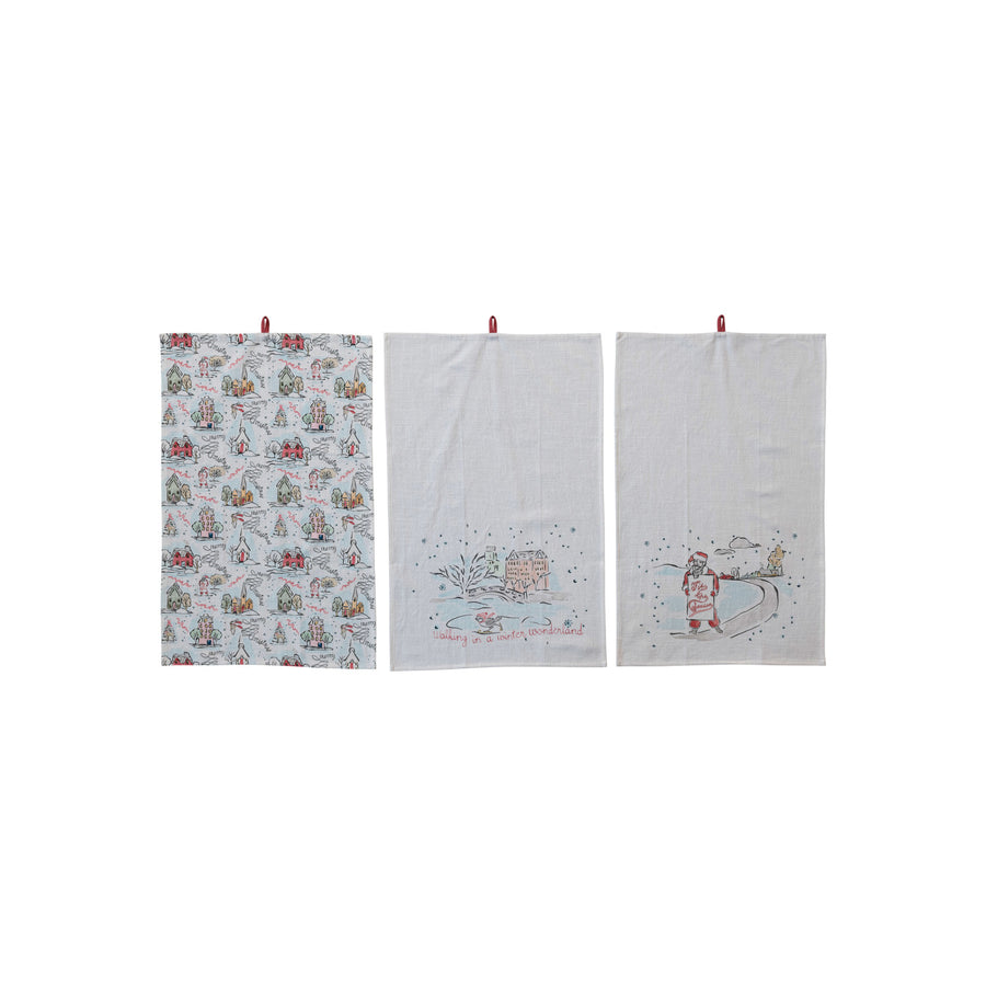 Cotton Printed Tea Towel w/ Holiday Scene/Pattern, Saying & Loop, 3 Styles ©