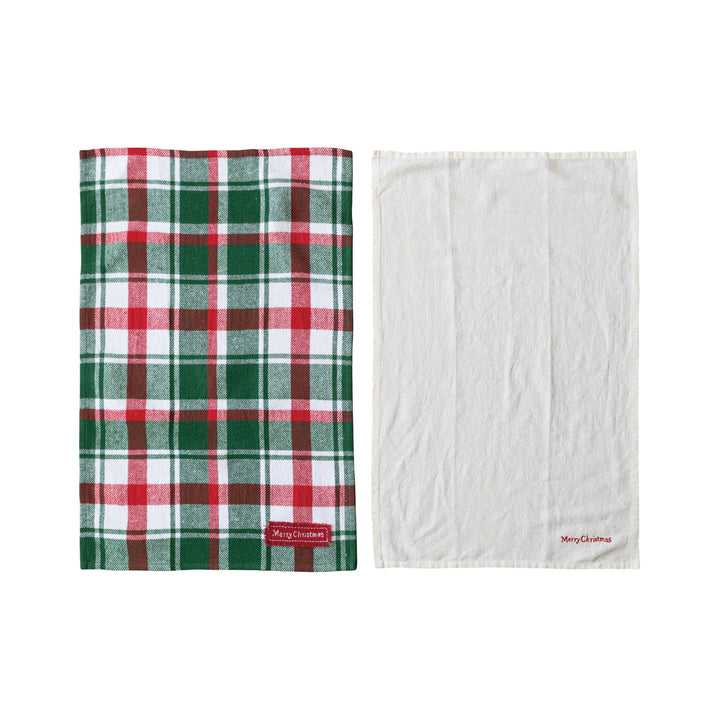 Brushed Cotton Flannel & Linen Tea Towels, 2 Styles, Set of 2 Tied w/ Twine & Bells