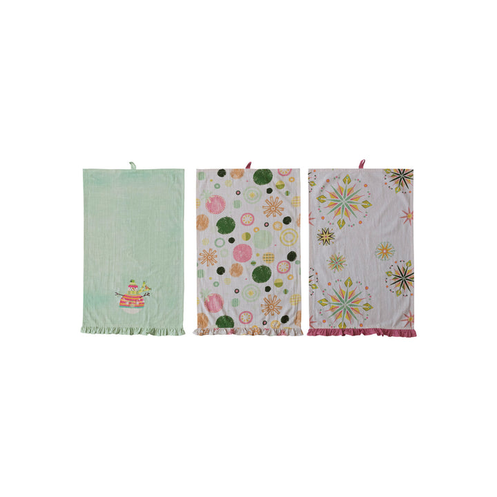 Cotton Printed Tea Towel w/ Snowflakes/Snowman, Ruffle & Loop, 3 Styles ©