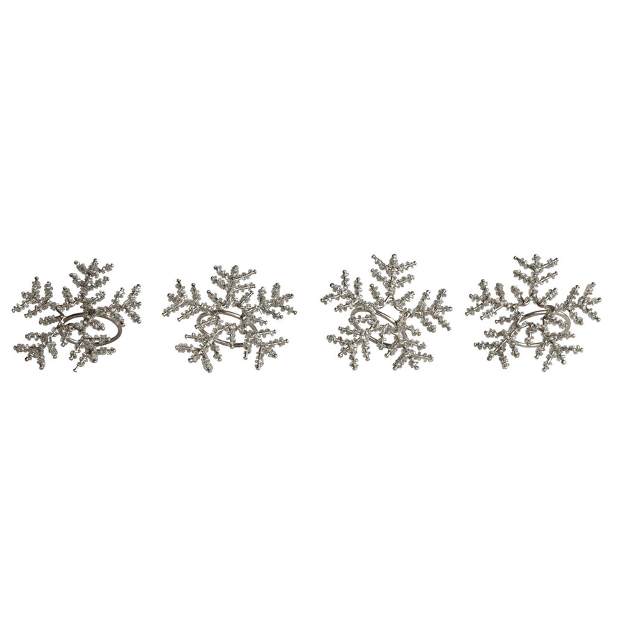 Metal & Glass Beaded Snowflake Napkin Rings, Set of 4 Tied with Jute
