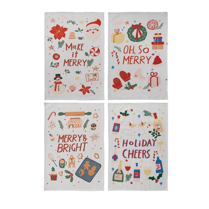 Printed Tea Towel with Holiday Pattern & Saying, 4 Styles