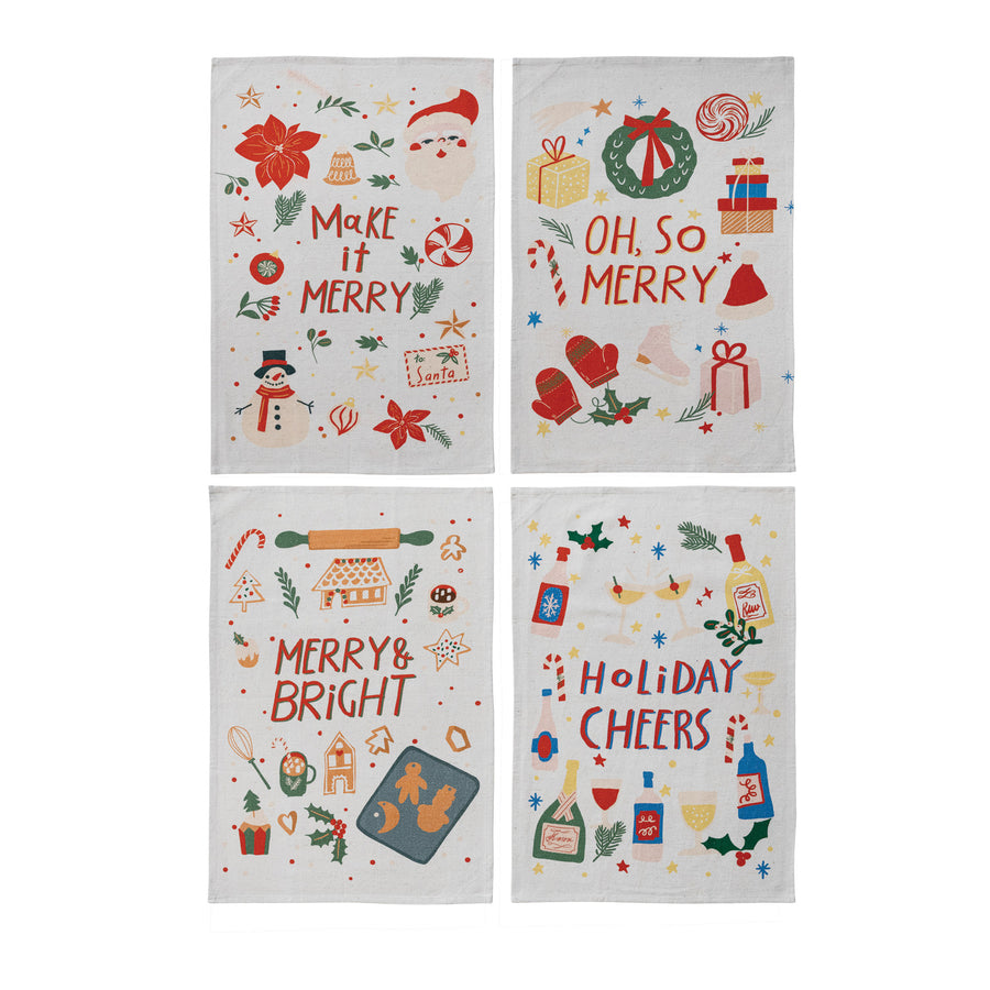 Printed Tea Towel with Holiday Pattern & Saying, 4 Styles