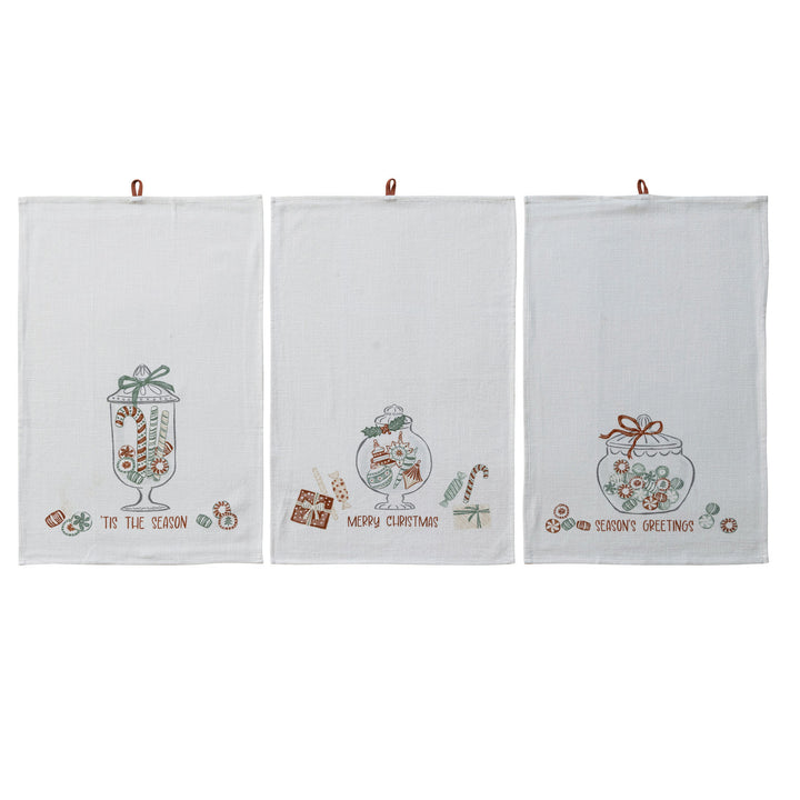 Printed Tea Towel with Holiday Candy Jar Image & Saying, 3 Styles ©