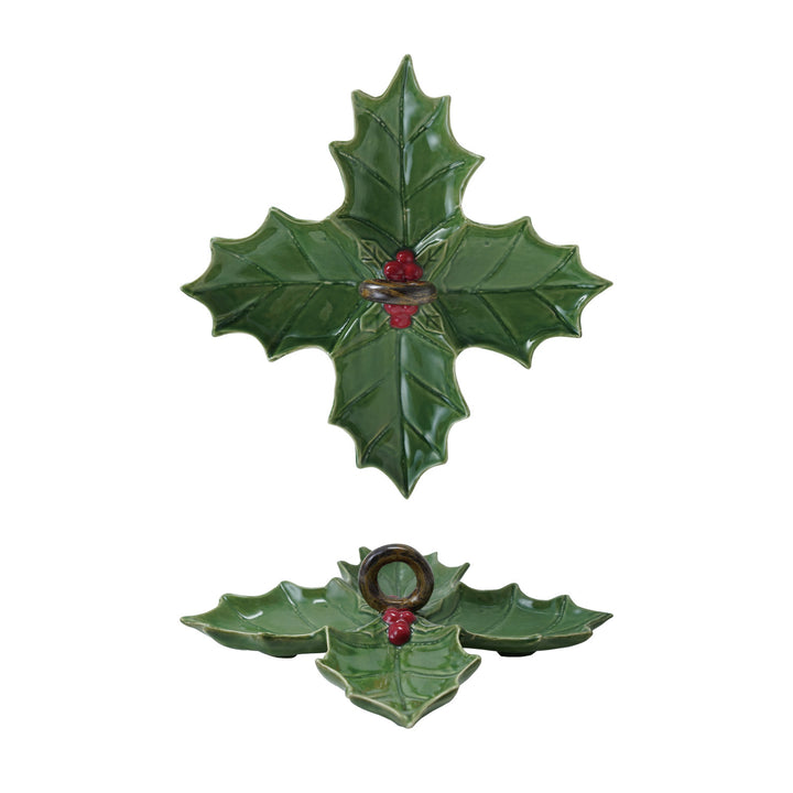 Ceramic Holly Leaf Shaped Dish with 4 Sections & Handle