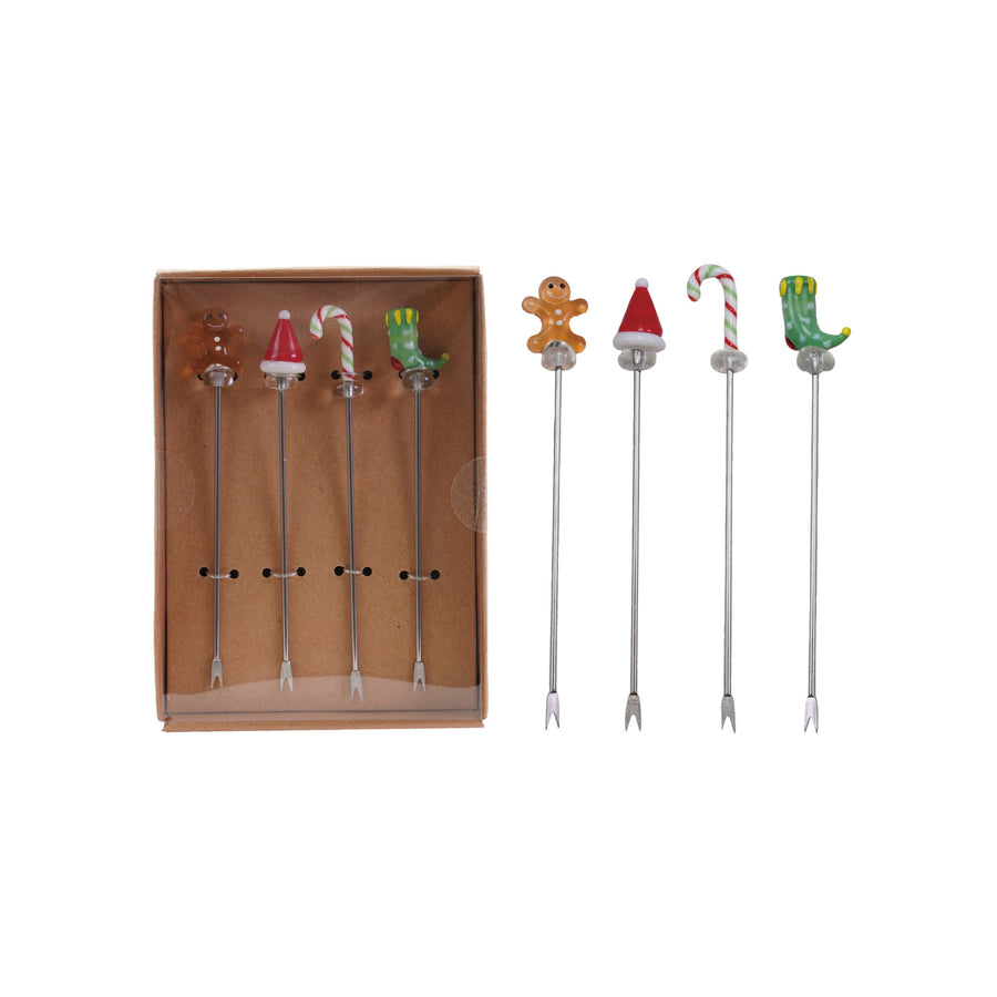 Appetizer Picks with Hand-Blown Glass Icons, Boxed Set of 4